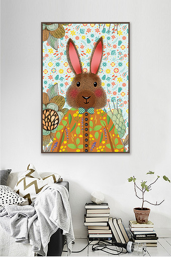 手绘可爱动物兔子儿童房客厅装饰画图片