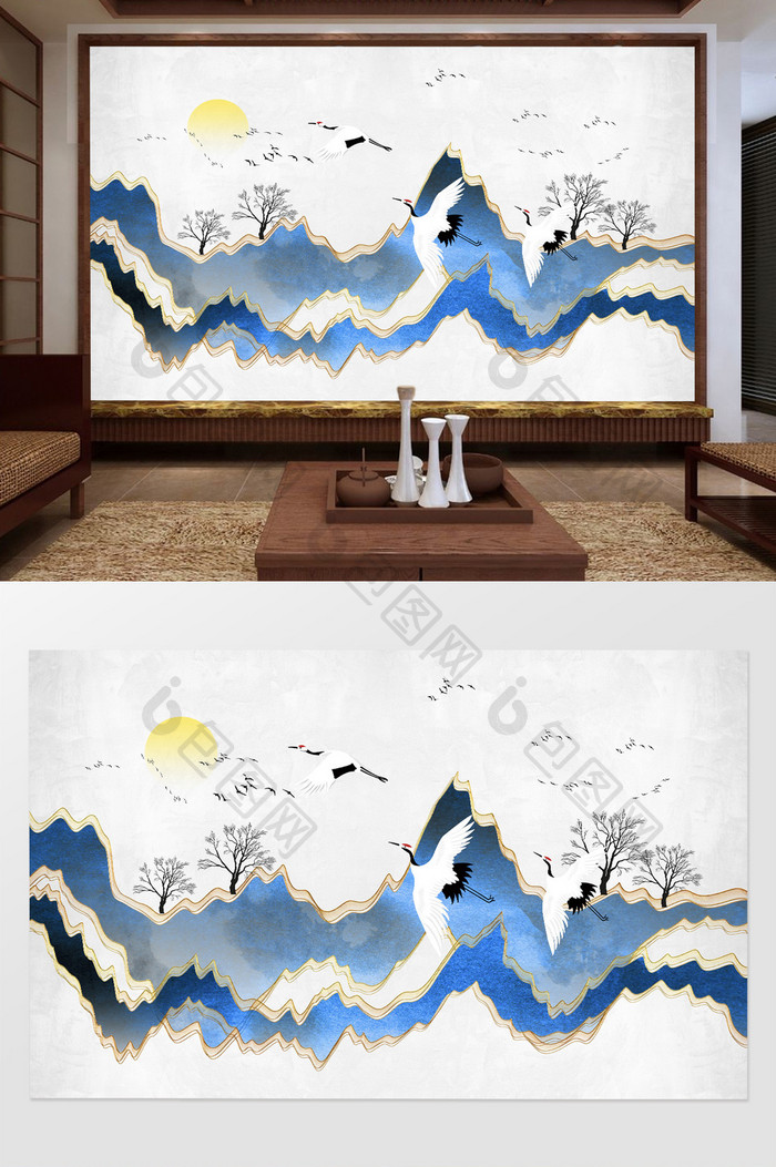 新中式抽象意境山水仙鹤电视背景墙