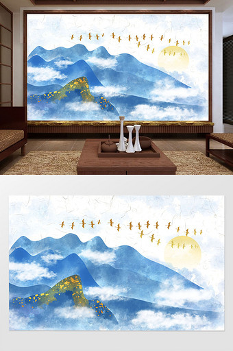 新中式手绘蓝色水墨意境山水电视背景墙图片