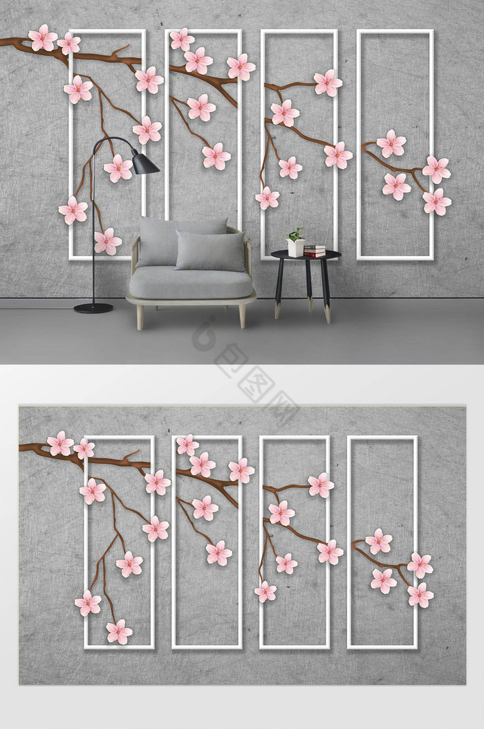 现代简约创意桃花立体白框背景墙装饰定制图片