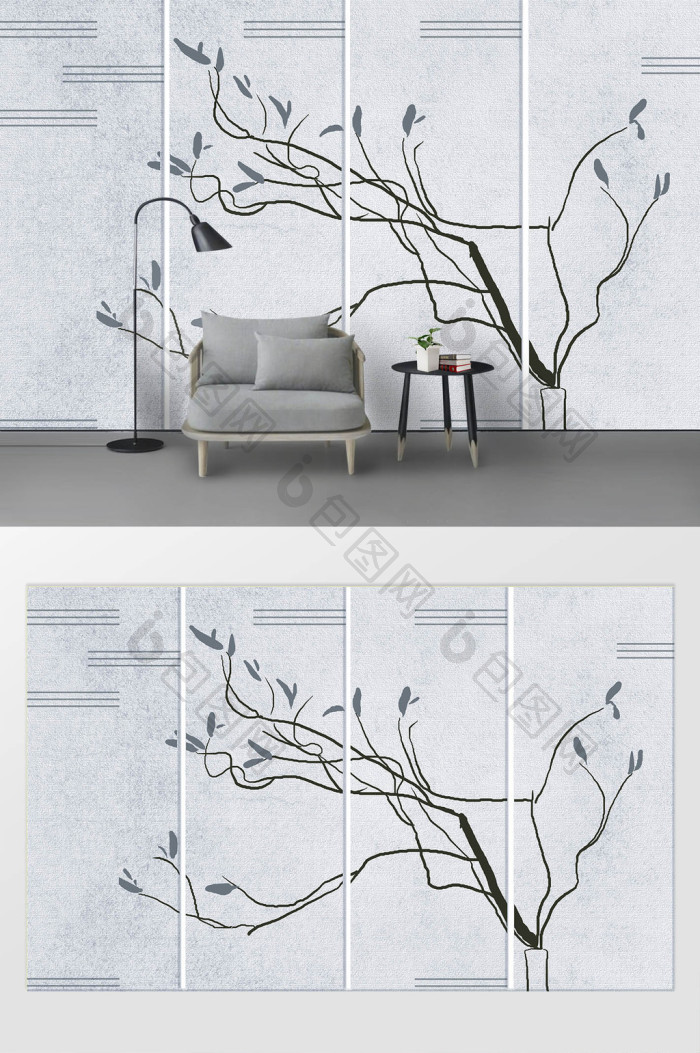 现代简约手绘花卉花瓶浅灰背景墙装饰定制效果图-【包图网】