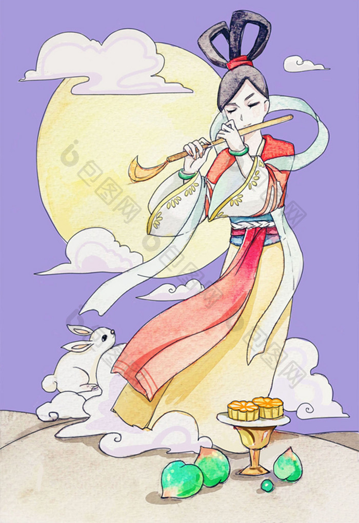 纯色唯美清新水彩手绘中秋节嫦娥奔月插画