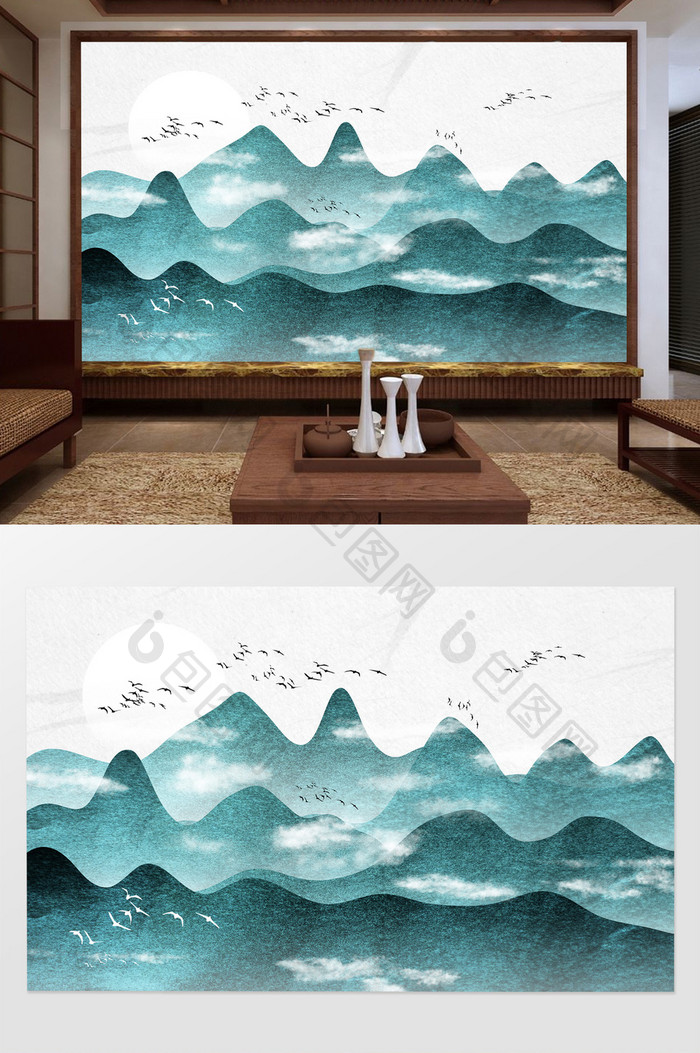 蓝色质感意境纹理山水电视背景墙