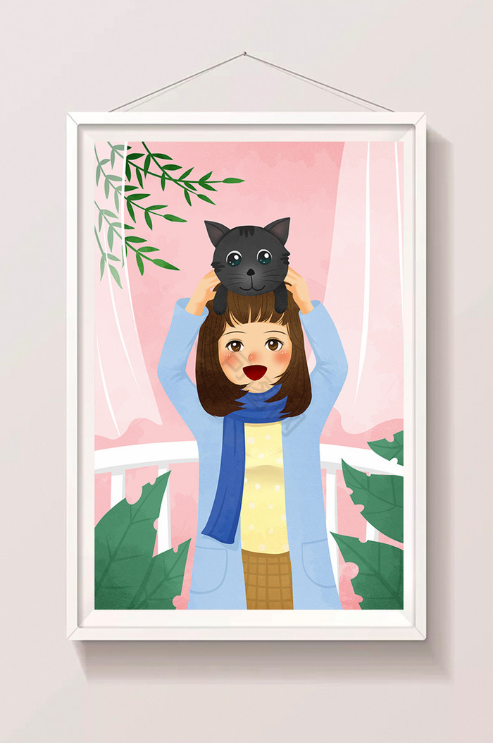 人物与猫咪女孩和猫咪插画图片