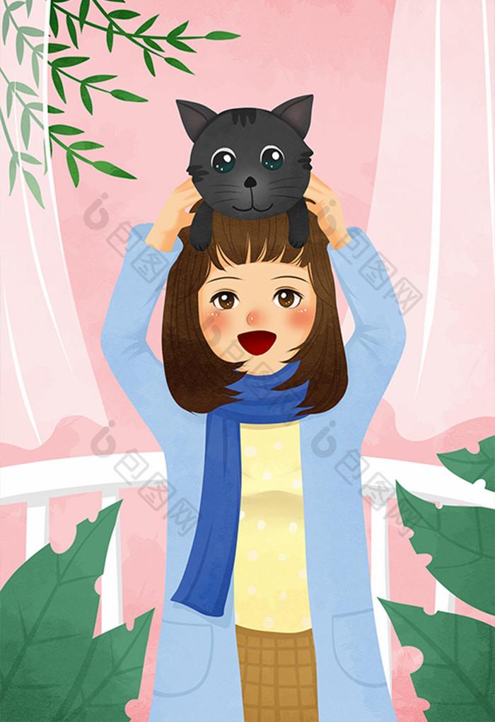 唯美清新人物与猫咪女孩和猫咪插画