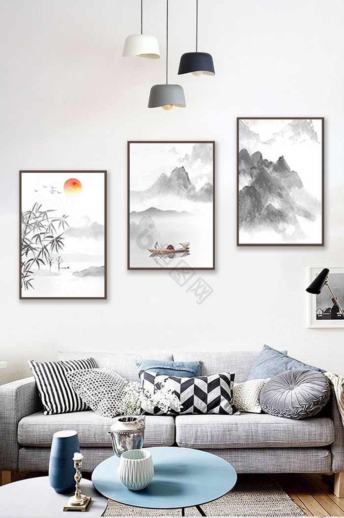 新中式意境山水风景水墨装饰画图片