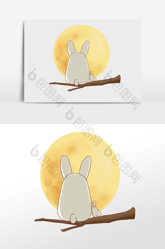 手绘中秋节母子兔赏月插画元素