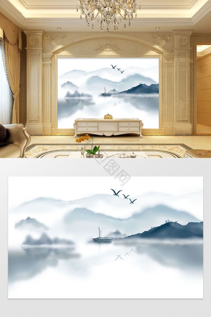 中式墨泼山水背景墙图片