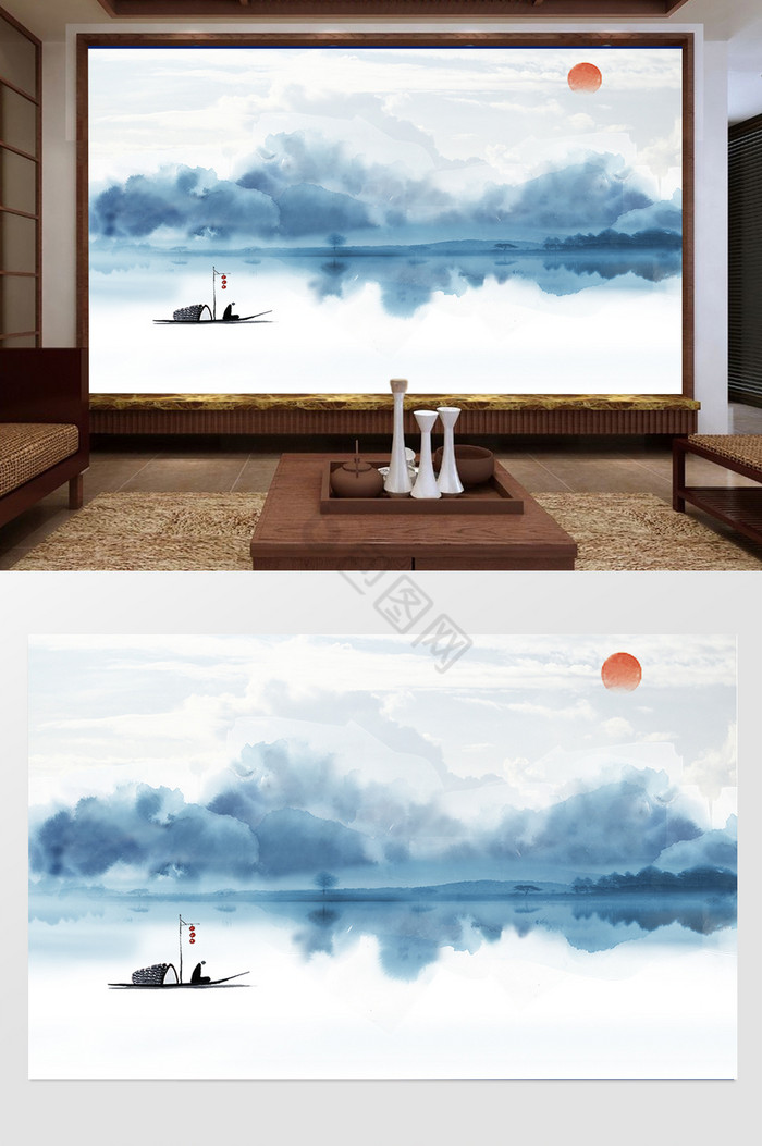 中式水墨山水船背景墙图片
