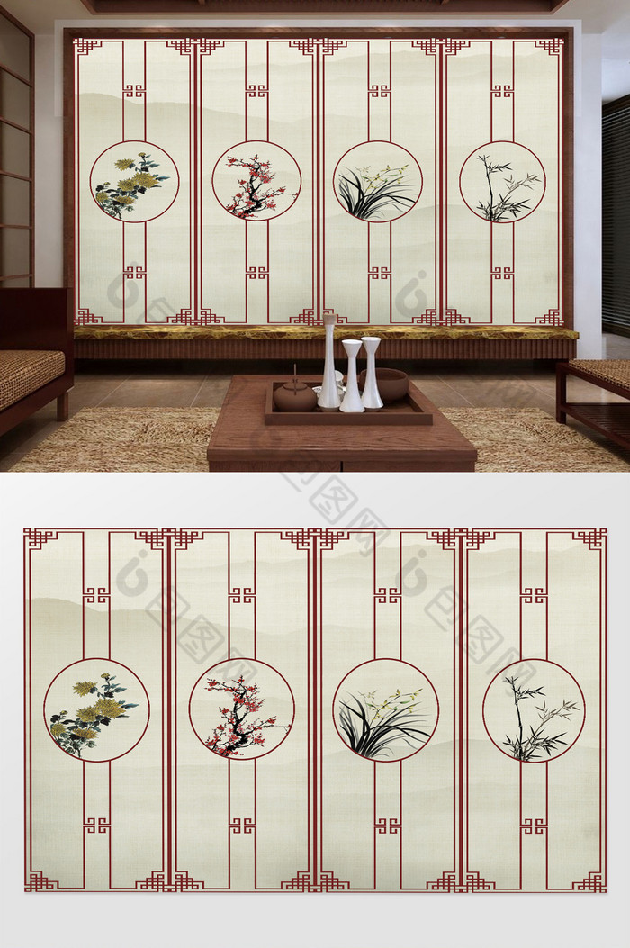 新中式手绘梅兰竹菊玄关硬装电视沙发背景墙图片图片