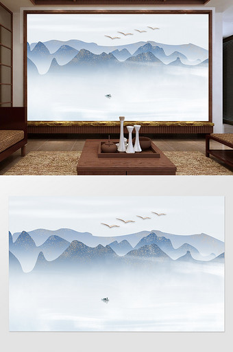 中国风手绘山水蓝色背景墙定制图片