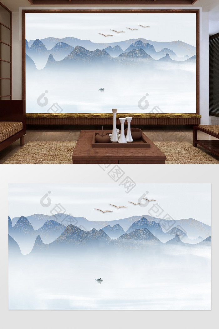中国风手绘山水蓝色背景墙定制