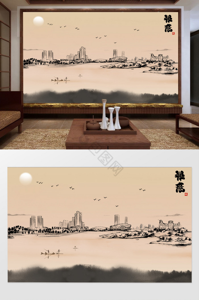 新中式水墨风格禅意城市硬装电视机背景墙图片