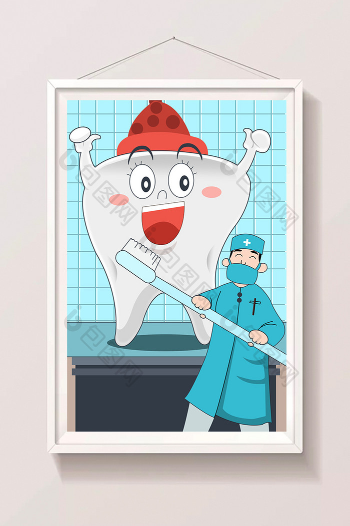 彩色卡通幽默牙医与牙齿插画