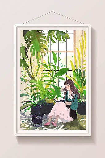 清新绿植少女读书萌宠猫咪午后窗户贺卡插画图片