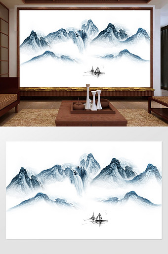 新中式蓝色抽象创意山水风景图片