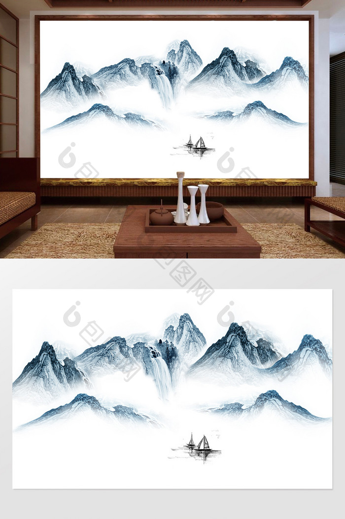 新中式蓝色抽象创意山水风景