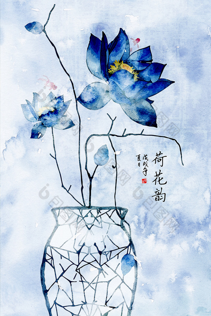 中国风禅意手绘国画荷花玄关装饰画