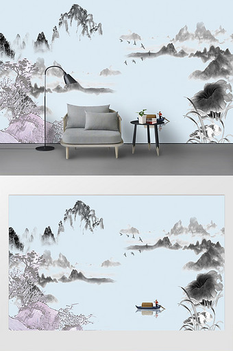 抽象蓝色新中式山水背景墙图片