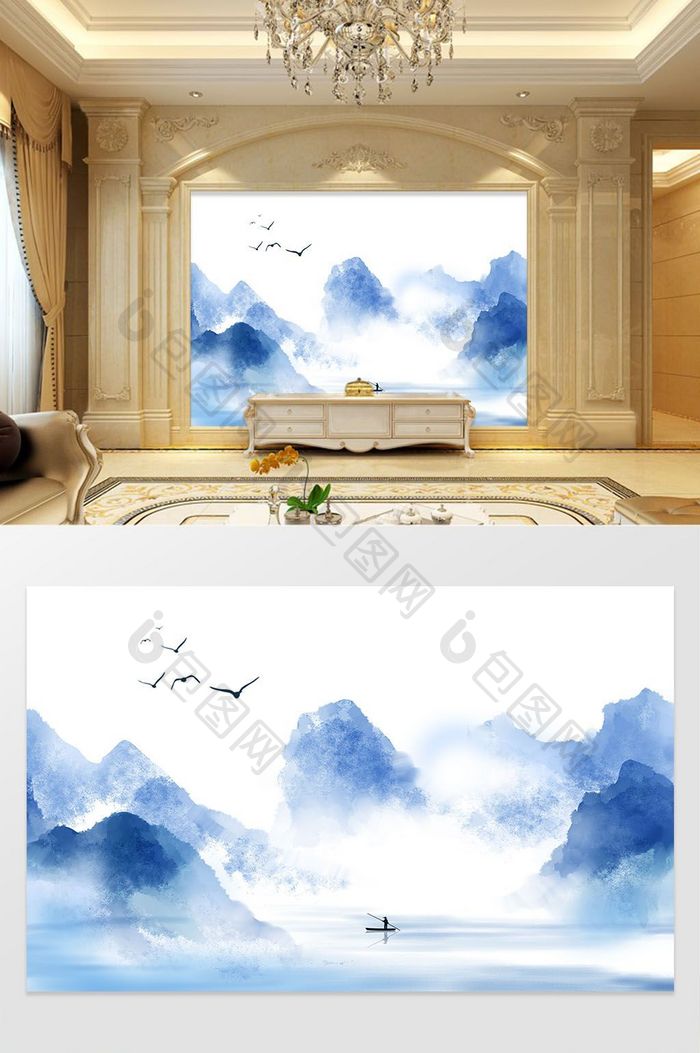新中式抽象蓝色山水倒影风景背景墙