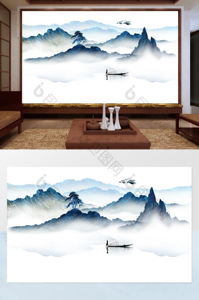 新中式创意山水抽象风景背景墙