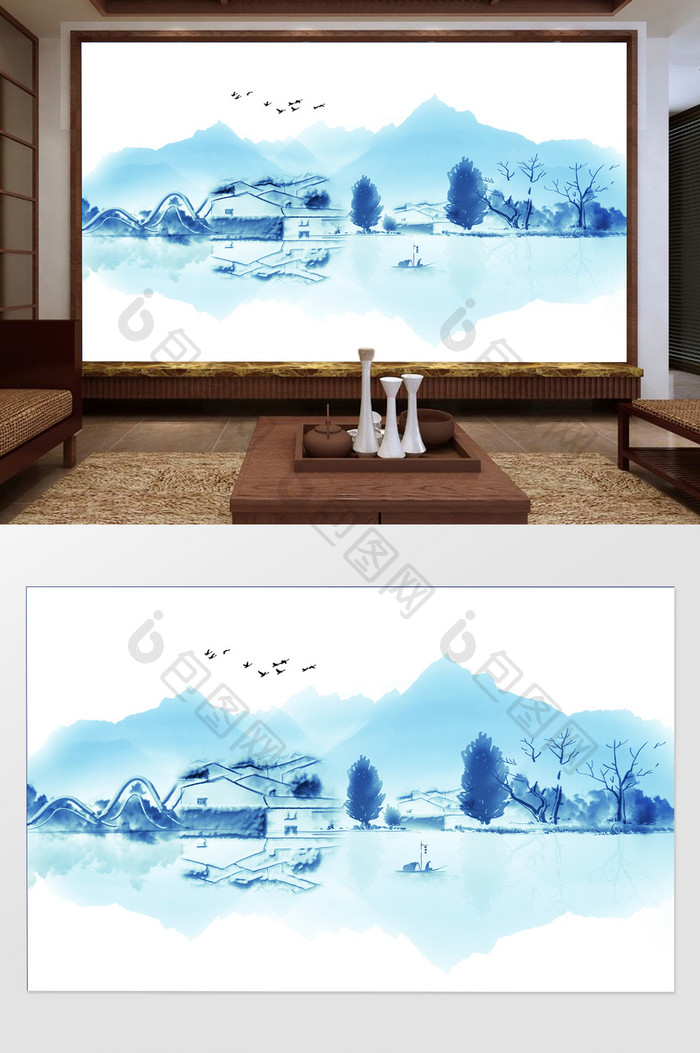 新中式创意蓝色水墨山水背景墙