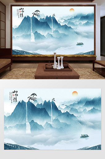 新中式水墨山水手绘蓝色电视背景墙图片