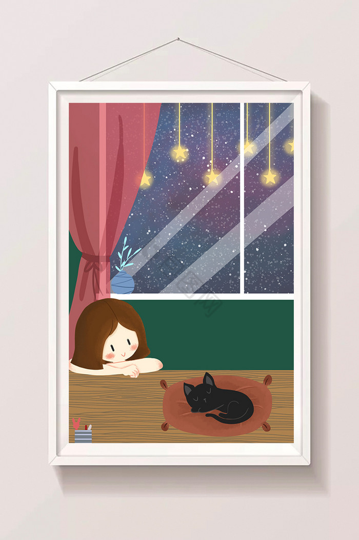 晚安猫咪插画图片
