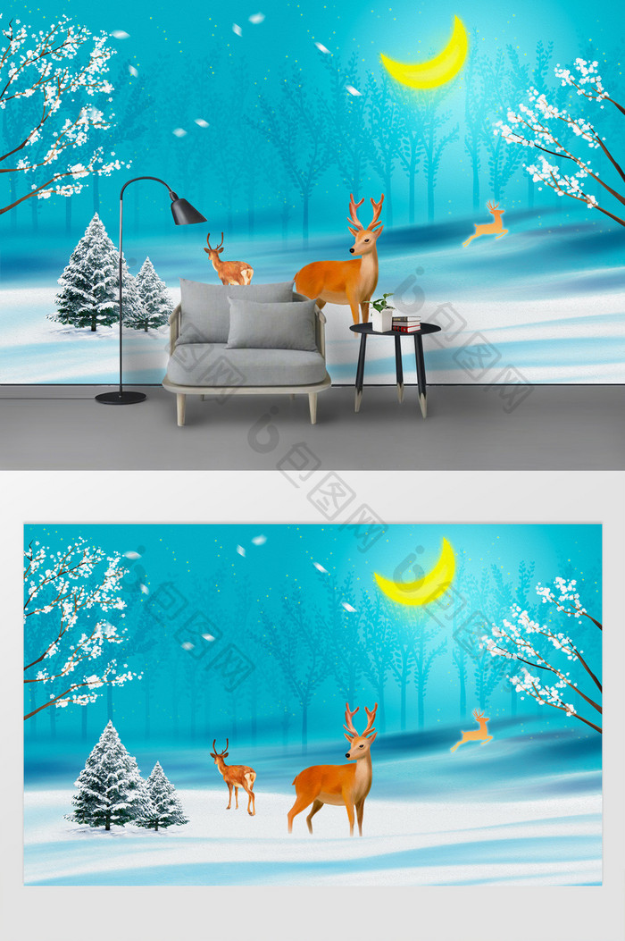北欧唯美麋鹿森林雪地电视沙发背景墙装饰画