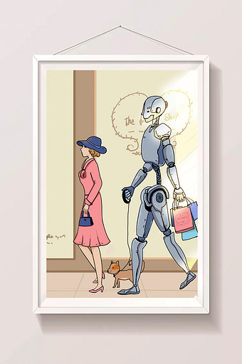 卡通漫画科技未来世界机器人与女孩插画图片下载