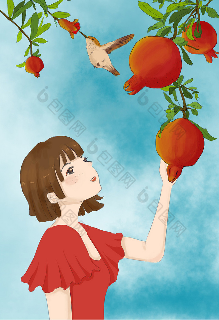 石榴树下的女孩插画图片