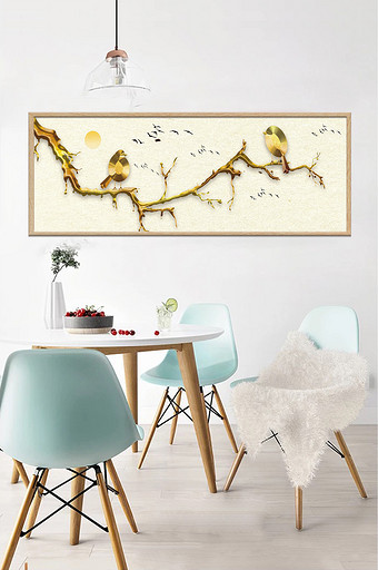 金色质感立体浮雕新中式树枝鸟装饰画图片