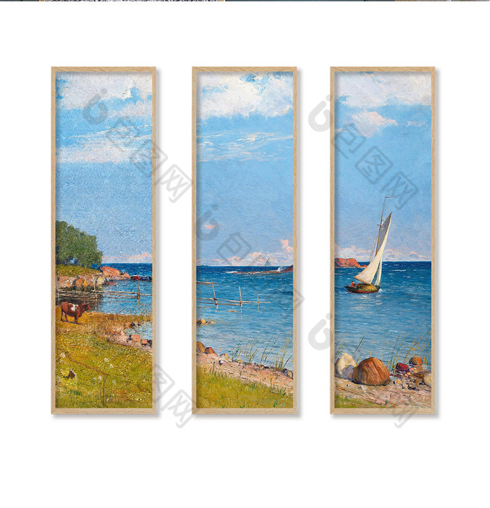 北欧油画海边帆船风格装饰画背景墙素材