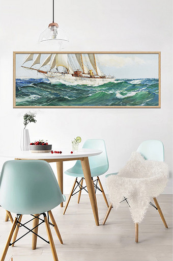 蓝色海洋油画北欧素材装饰画白色帆船图片