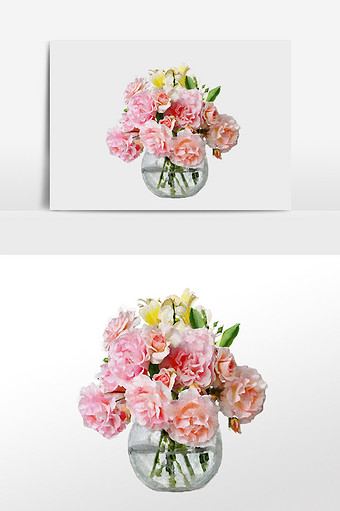 水彩手绘花元素粉红玫瑰花透明花瓶插花图片