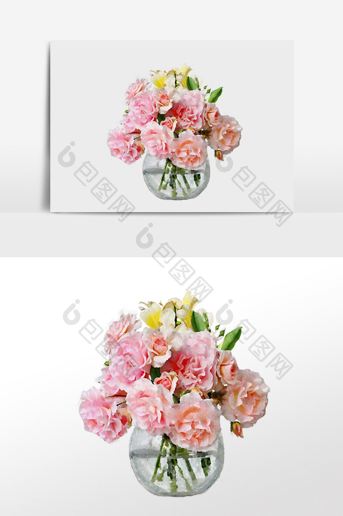 水彩手绘花元素粉红玫瑰花透明花瓶插花