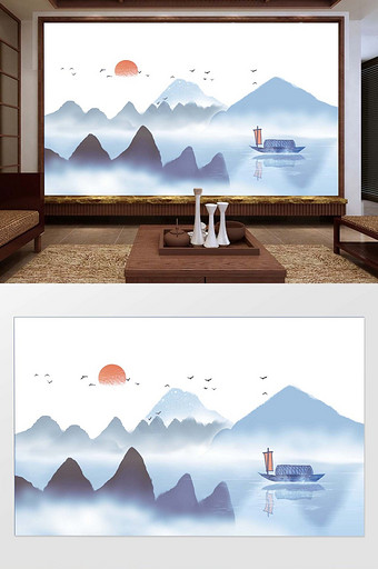 中式蓝色水墨山水飞鸟游船背景墙装饰定制图片