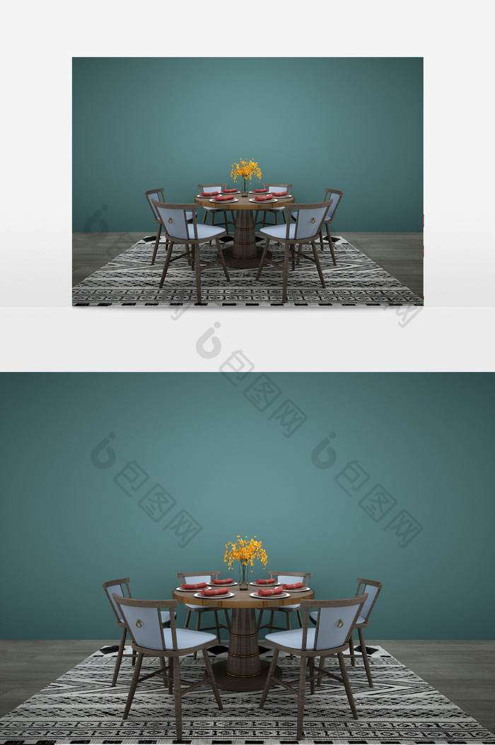 新中式棕色餐桌配淡蓝色餐椅