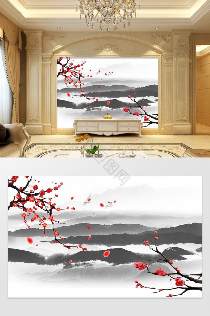 现代水墨意境山水梅花图案背景墙图片