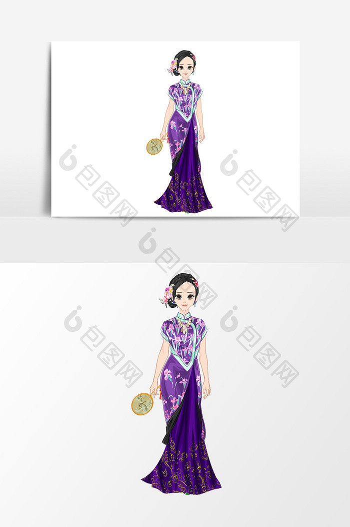 民国美女紫色旗袍上海小姐手绘元素