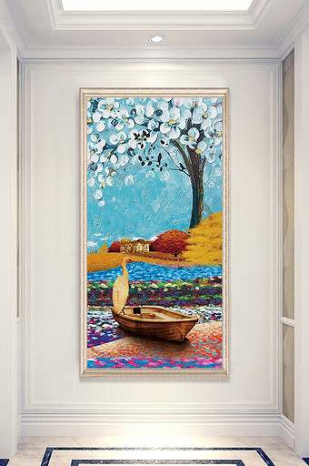 现代北欧抽象小船油画玄关装饰画图片