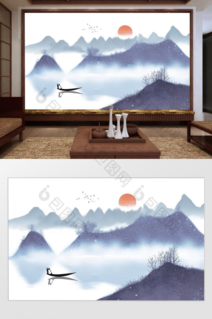 中式蓝色水墨山水飞鸟摆渡游船背景墙装饰