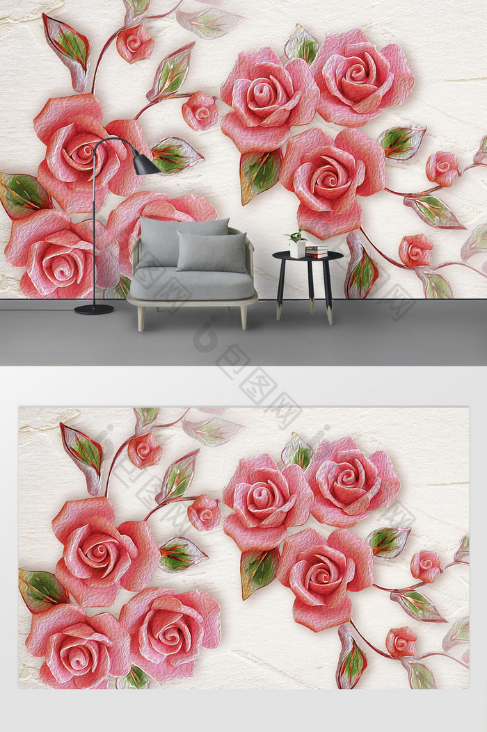 现代立体浮雕玫瑰花背景墙