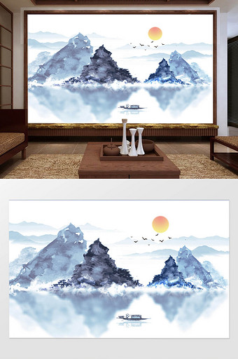 中式蓝色水墨高山飞鸟小舟倒影背景墙定制图片