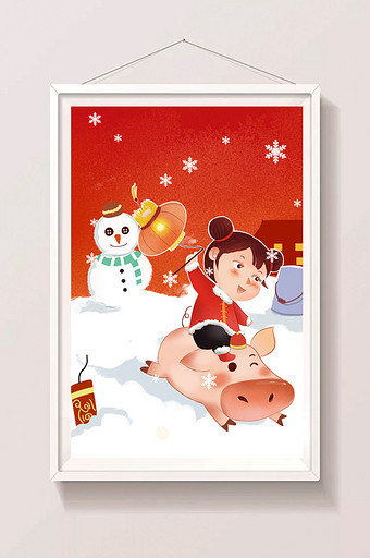 红色可爱喜庆骑猪猪的小女孩插画图片