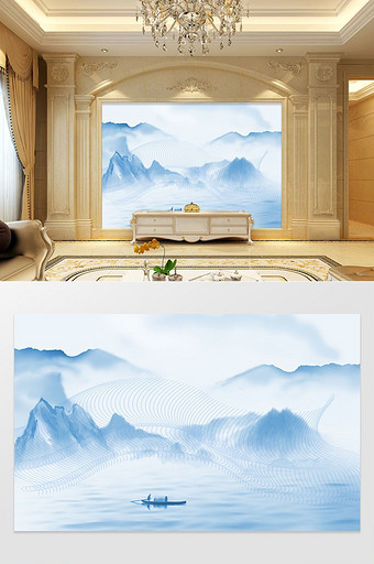 新中式蓝色意境水墨山水背景墙图片