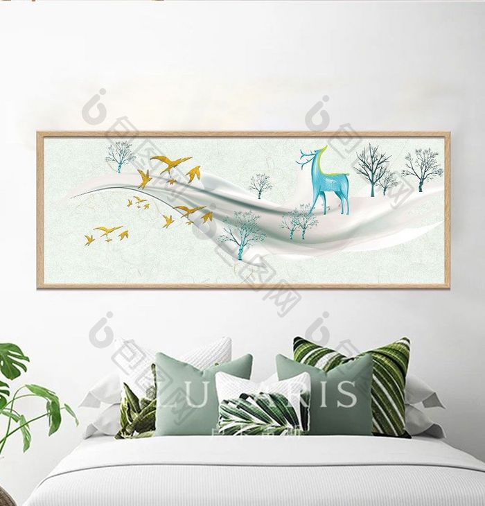 新中式意境山水麋鹿飞鸟装饰画