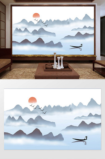 中式蓝色水墨山水群山摆渡小舟飞鸟背景墙图片