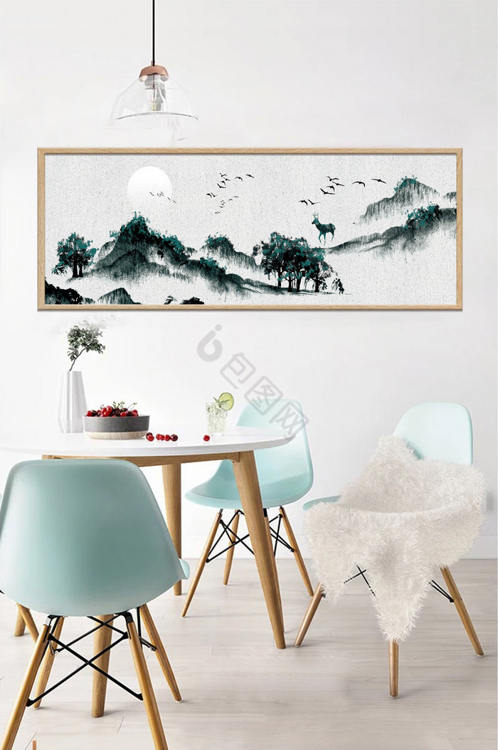 中式水墨意境山水麋鹿山水装饰画图片