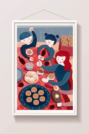 可爱中秋节全家做月饼插画图片